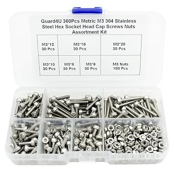 360Pcs Metric M3 304 Stainless Steel Hex Socket Head Cap Screws Nuts Assortment Kit- M3 x 6mm/8mm/10mm/12mm/16mm/20mm