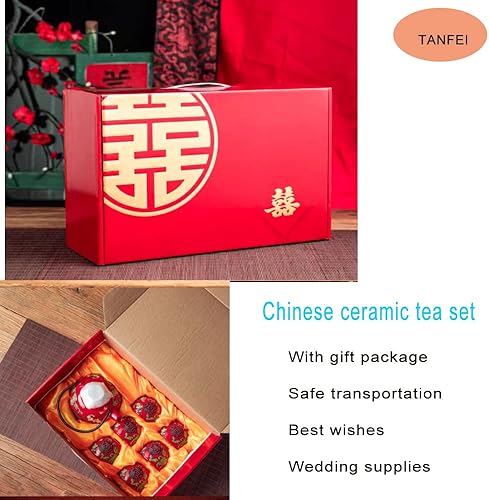 Miniatura 6 de Juego de té de cerámica tradicional chino de la boda retro rojo doble felicidad tetera taza de té recién casados regalo suministros de boda