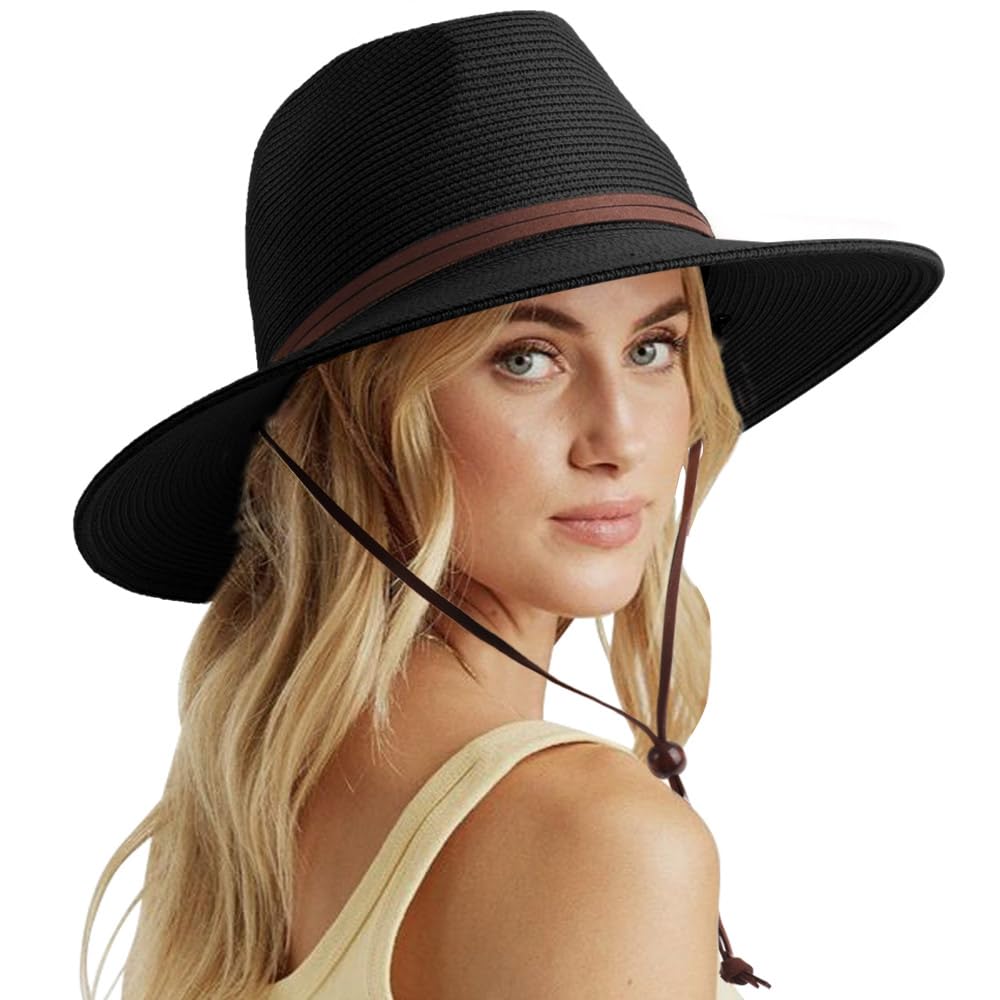 DRESHOW Women Straw Panama Hat Fedora Adjustable Summer Wide Brim Beach Sun Hat with Wind Lanyard UPF 50+