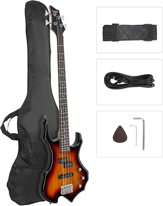 GLARRY Electric Bass Guitar 4 Strings Buring Fire Style Full Size for Beginner Right Hand with Bag, Strap and Accessories (Sunset)