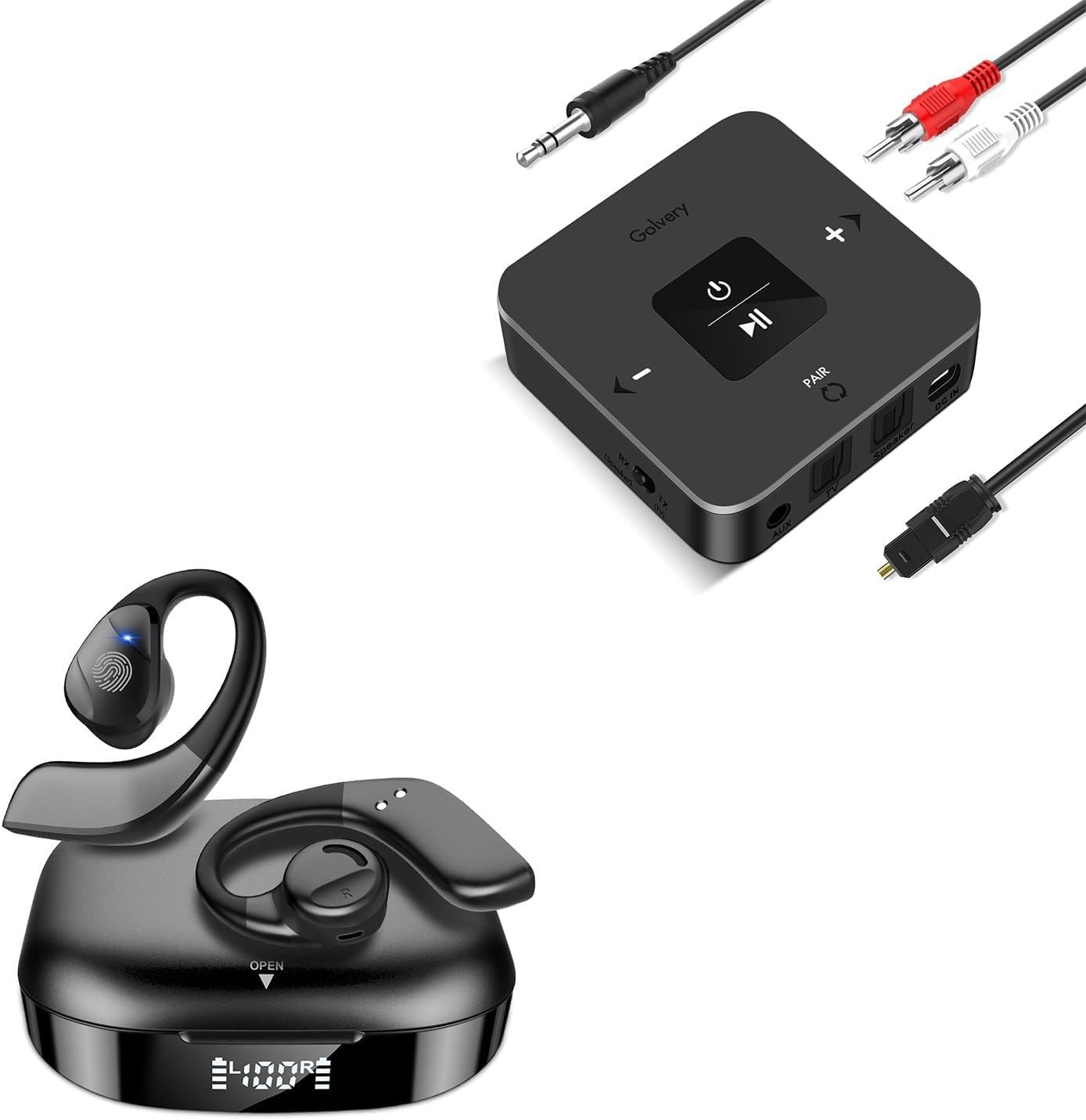 Golvery Bluetooth 5.3 True Wireless Earbuds, Bluetooth Transmitter Receiver for TV, 2 in 1 Bluetooth Aux Adapter, Pair 2 Devices Simultaneously