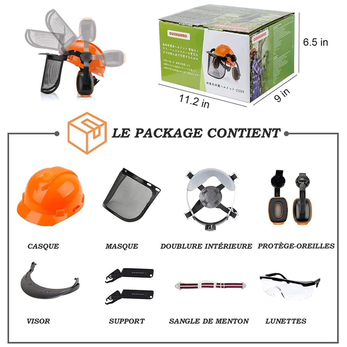 Casque de tronçonneuse avec protection faciale et cache-oreilles - Casque de sécurité pour tronçonneuse - Lunettes anti-buée amovibles
