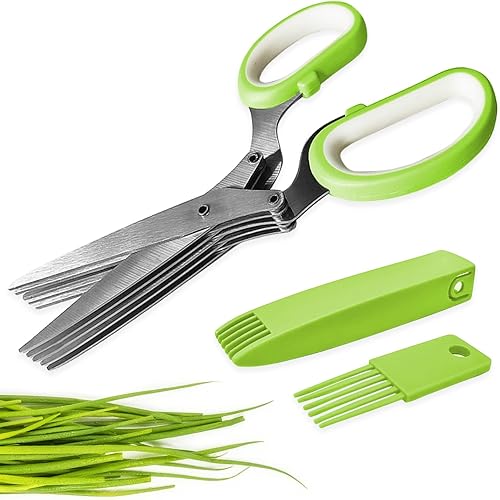 Tijeras de hierbas, tijeras de hierbas de cocina con 5 cuchillas de acero inoxidable y cubierta, cortar hierbas y verduras de cocina, tijeras de