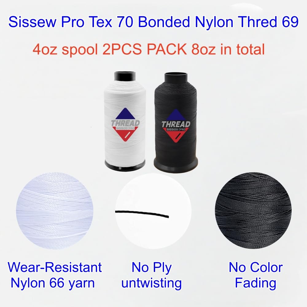 Sissewpro - Hilo de nailon 69 para tapicería, hilo resistente para máquina de coser, hilo blanco y negro para cuero, abalorios, tejido de cabello, mezclilla, lienzo, correas Tex70, 4 onzas, 1500