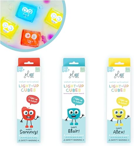 Glo Pals Paquete de cubos iluminados activados por agua para juegos sensoriales (amigos primarios - amarillo, rojo + azul)