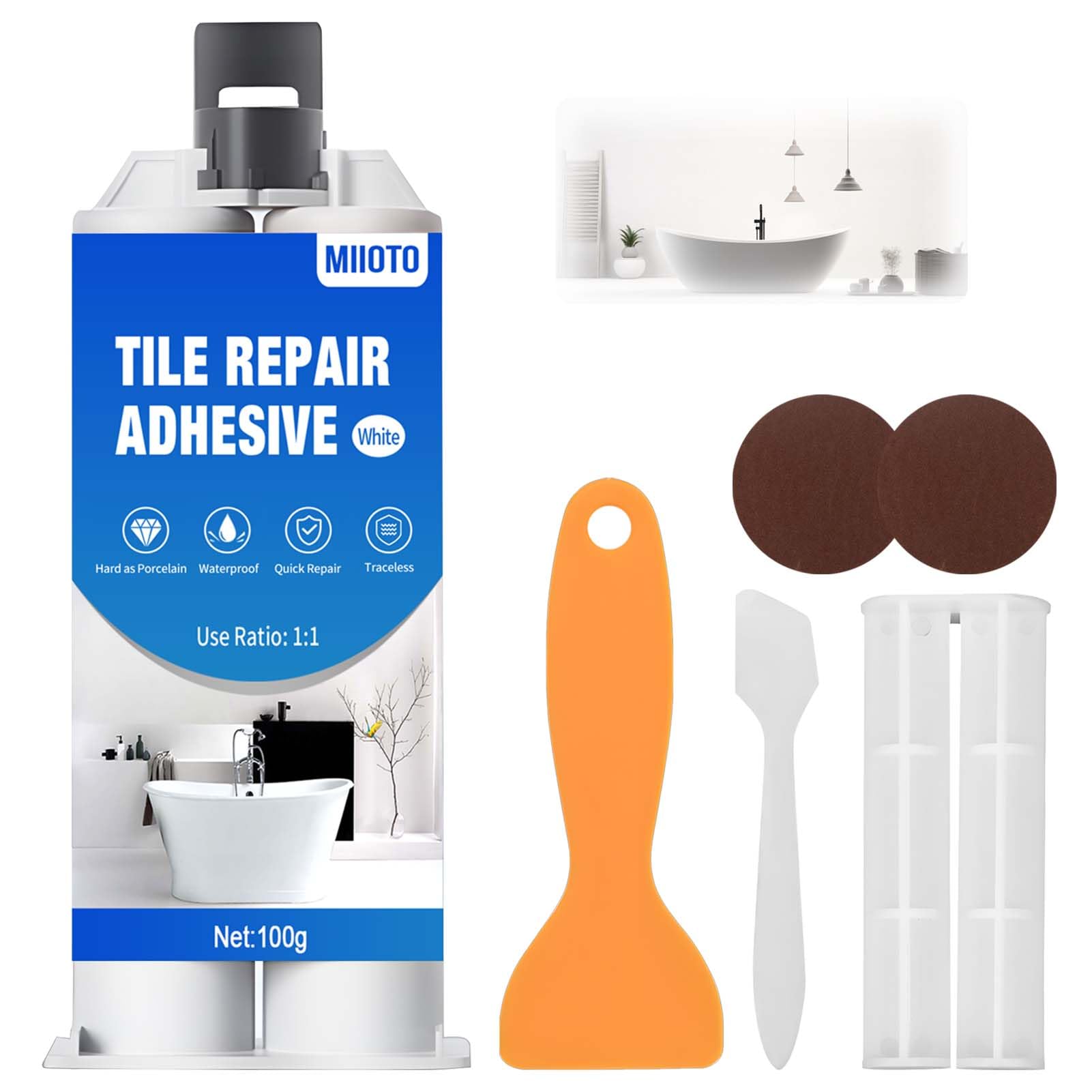 Miioto kit Riparazione Piastrelle Bianco, Ripara Ceramica Lavandino, Stucco per Ceramica, Stucco per Sanitari, Ripara Piastrelle Scheggiate da Bagno per Graffi, Crepe, 100g