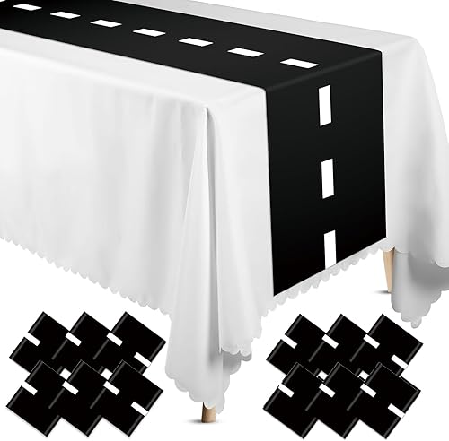 Miniatura 10 de Preboun Camino de mesa a cuadros en blanco y negro de 14 x 108 pulgadas, mantel de bandera de plástico para aniversario, boda, fiesta de cumpleaños,