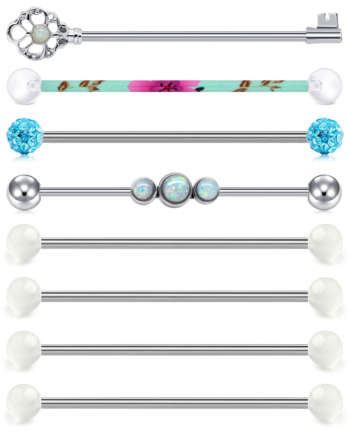 VF VFUN14G 38MM Stainless Steel Industrial Barbell Helix Cartilage Earrings Daith Conch Earrings Crystal Balls Piercing Jewelry for Women Men 8PCS