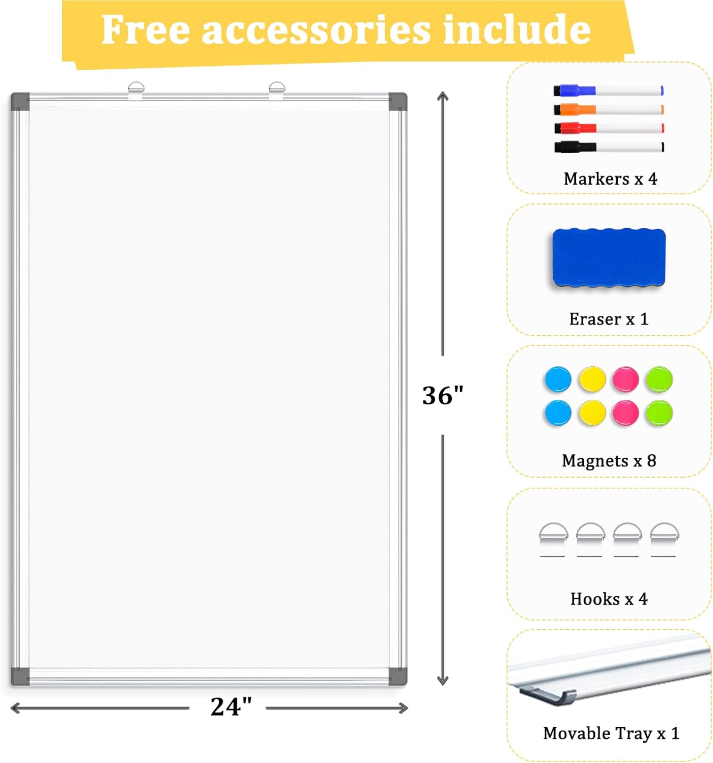 Double-Sided Magnetic Whiteboard, 36" x 24" Dry Erase Board, Aluminum Frame White Board for Wall, Hanging Mounting White Board Dry Erase Marker Board with 4 Markers, 1 Pen Tray