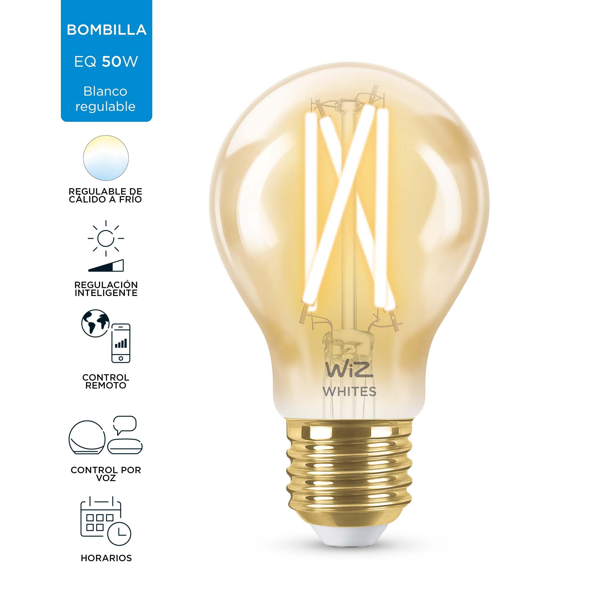 WiZ - Bombilla inteligente Filamento LED Wi-Fi, 6,7w (Eq. 50w) E27 A60, Luz Blanca Cálida a Fría Regulable, con tecnología SpaceSense y compatible con Alexa y Google Home