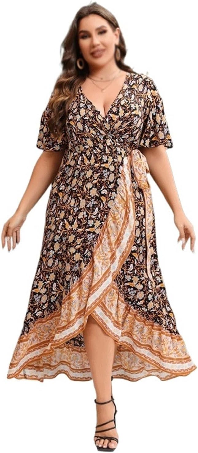 JSEIAJB Female Dresses for Women V Neck Short Sleeve Retro Floral Print Ruffles Long Dress Curvy Wrap Dresses