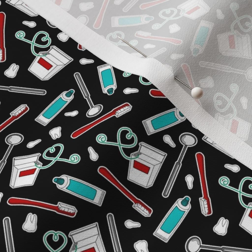 Spoonflower Fabric - Cute Dentist Dental Print Black Small Scale Teeth Toothbrush Dentistry Printed on Petal Signature Cotton Fabric by The Yard - Sewing Quilting Apparel Crafts Decor
