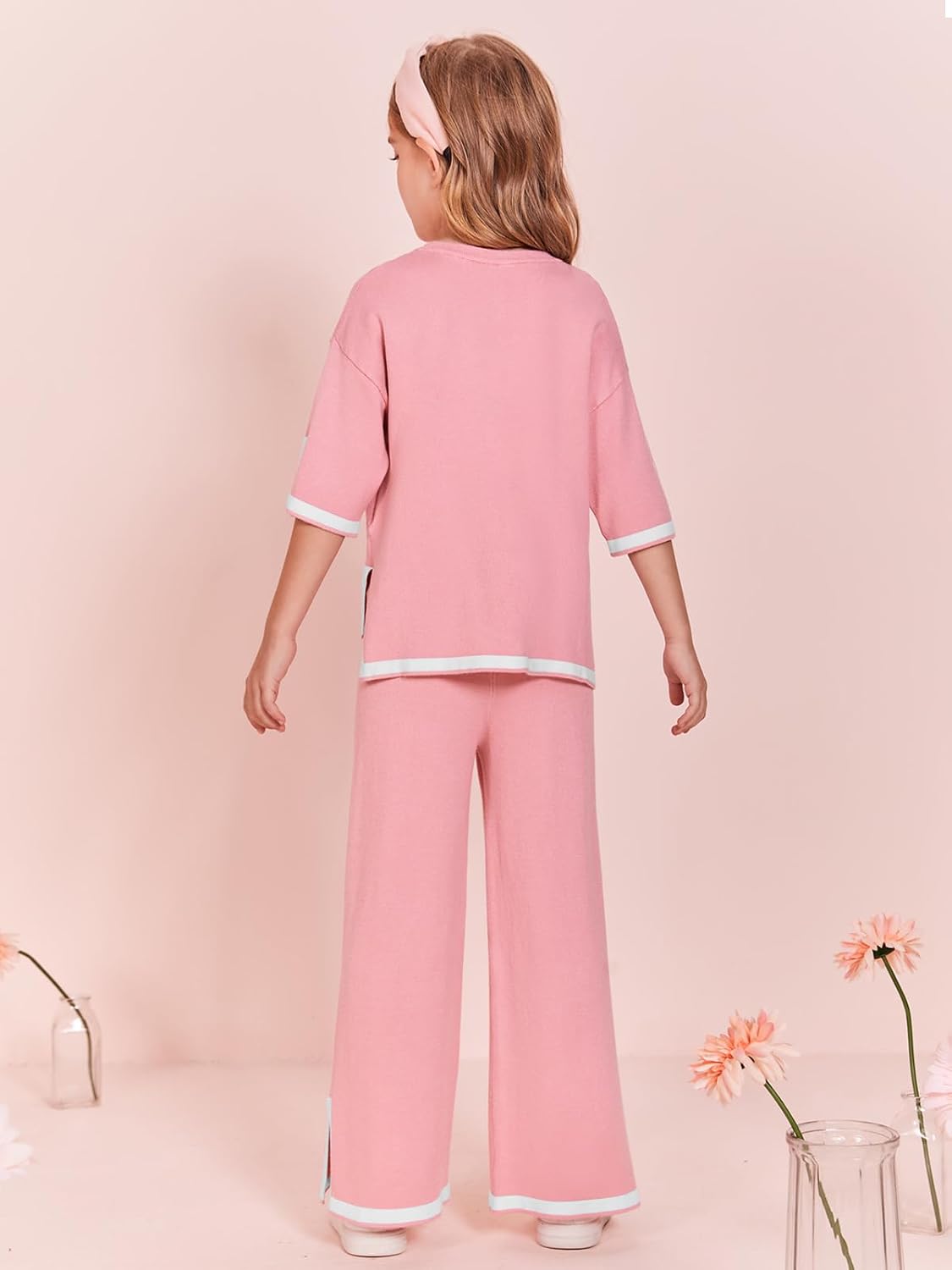 Haloumoning Girls Two Piece Outfits Kids Fashion Short Sleeve Sweater Tops and Wide Leg Pants Set 5-14 Years