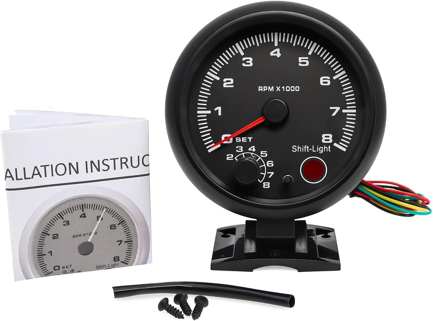 Shkalacar Autogage 3.75'' Universal Black Tachometer Gauge with Blue Shift Light, 0-8000 RPM