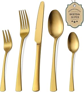Sponsored You’re seeing this ad based on the product’s relevance to your search query.Learn more about this advertisement Bestdin Cutlery Set for 6 People, 30 Pieces, Stainless Steel Cutlery Set, Matt Gold Cutlery Set with Knife, Fork, Spoon, High-Quality Stainless Steel Cutlery, Dishwasher Safe