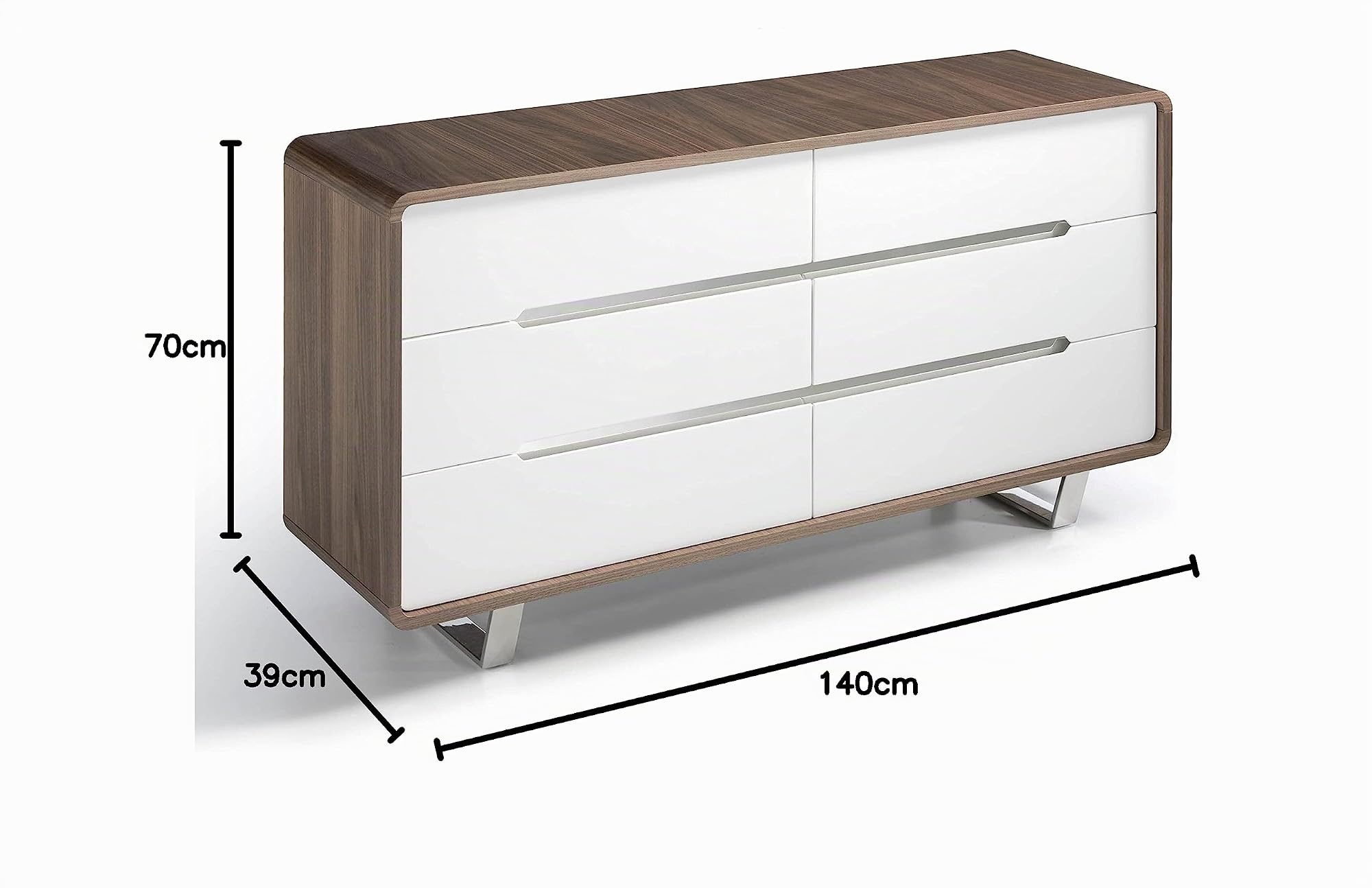 Angel Cerdá - Cómoda de Madera Nogal y Blanco Brillo - Cómoda Mueble con Seis Cajones Soft-Closing y Patas de Acero Cromado - Cómoda Moderna y Funcional para Dormitorio - 140 x 39 x 70 cm