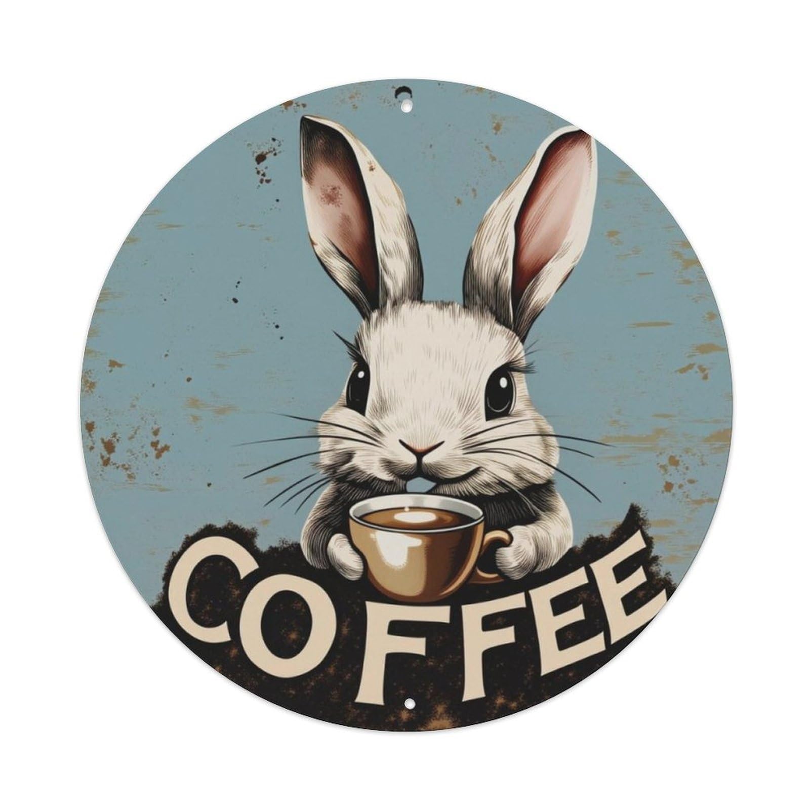 Vintage Coffee Rabbit Cafe Round Decor Sign Vintage Aluminium Metal Sign, Retro Wall Decor for Home, Bar, Garage & Farmhouse 20x20cm