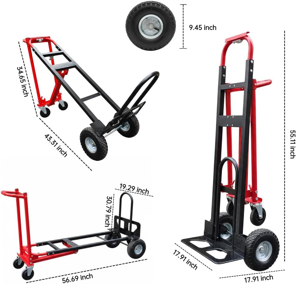 Suzhi Convertible Hand Truck Dolly Cart Heavy Duty/with 4 Wheels,Industrial Grade,1000 Lbs Load, 2 Straps for Moving Furniture/Appliance/Carton/Warehouse/Office / 10 Minutes' Install as Video