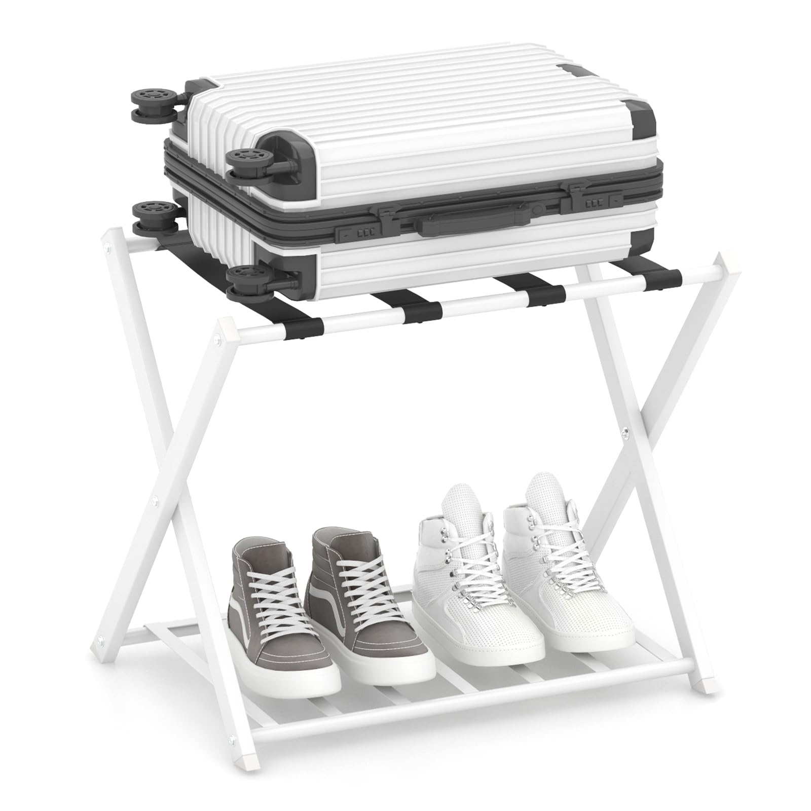 COSTWAY Portavaligie Pieghevole a 2 Ripiani in Metallo 68x43x56 cm Bianco