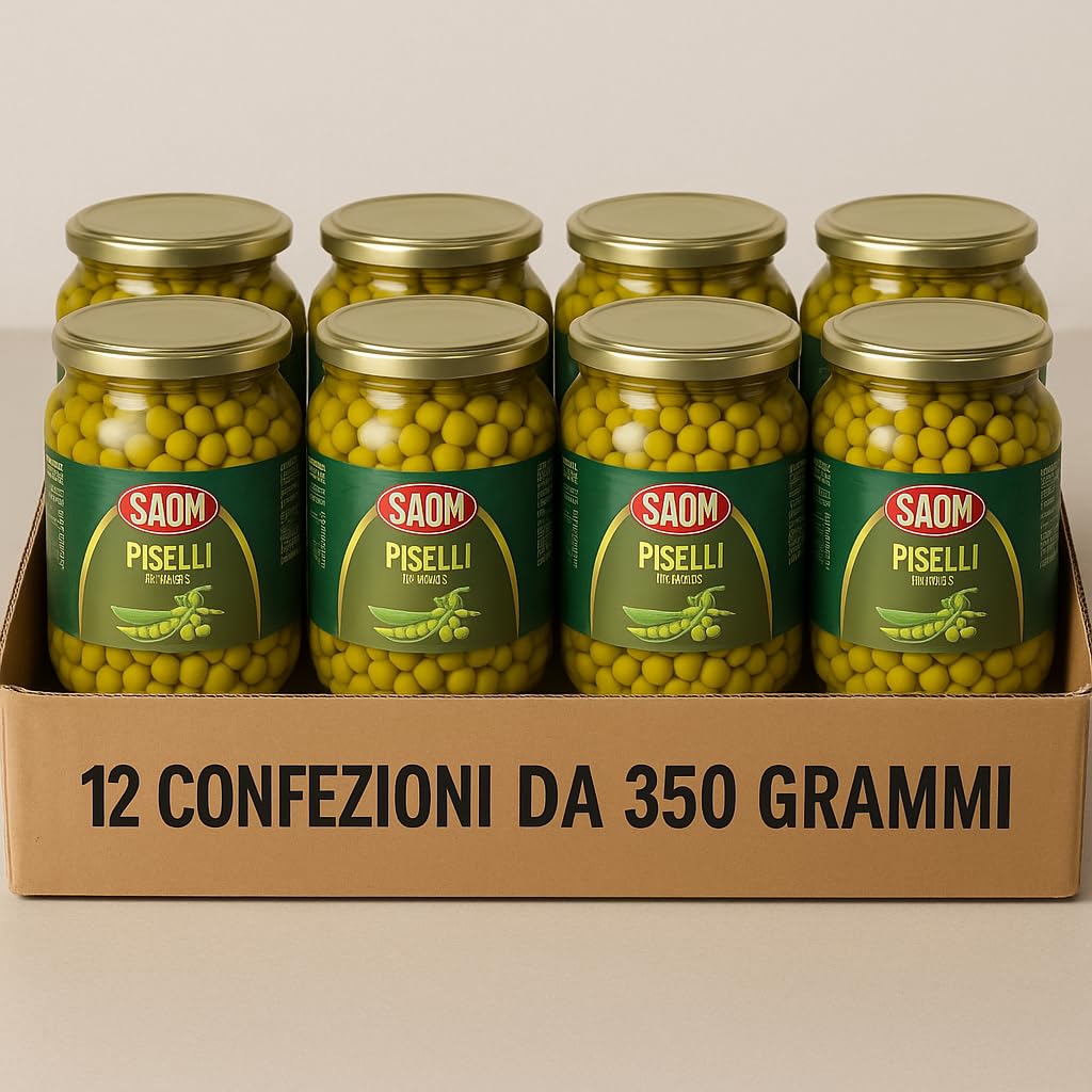Piselli Finissimi in Vaso di Vetro 350g (Confezione da 12) – Piselli Italiani Teneri e Gustosi, 100% Naturali e Senza Conservanti – Pronti all’Uso per Contorni, Insalate, Zuppe e Ricette