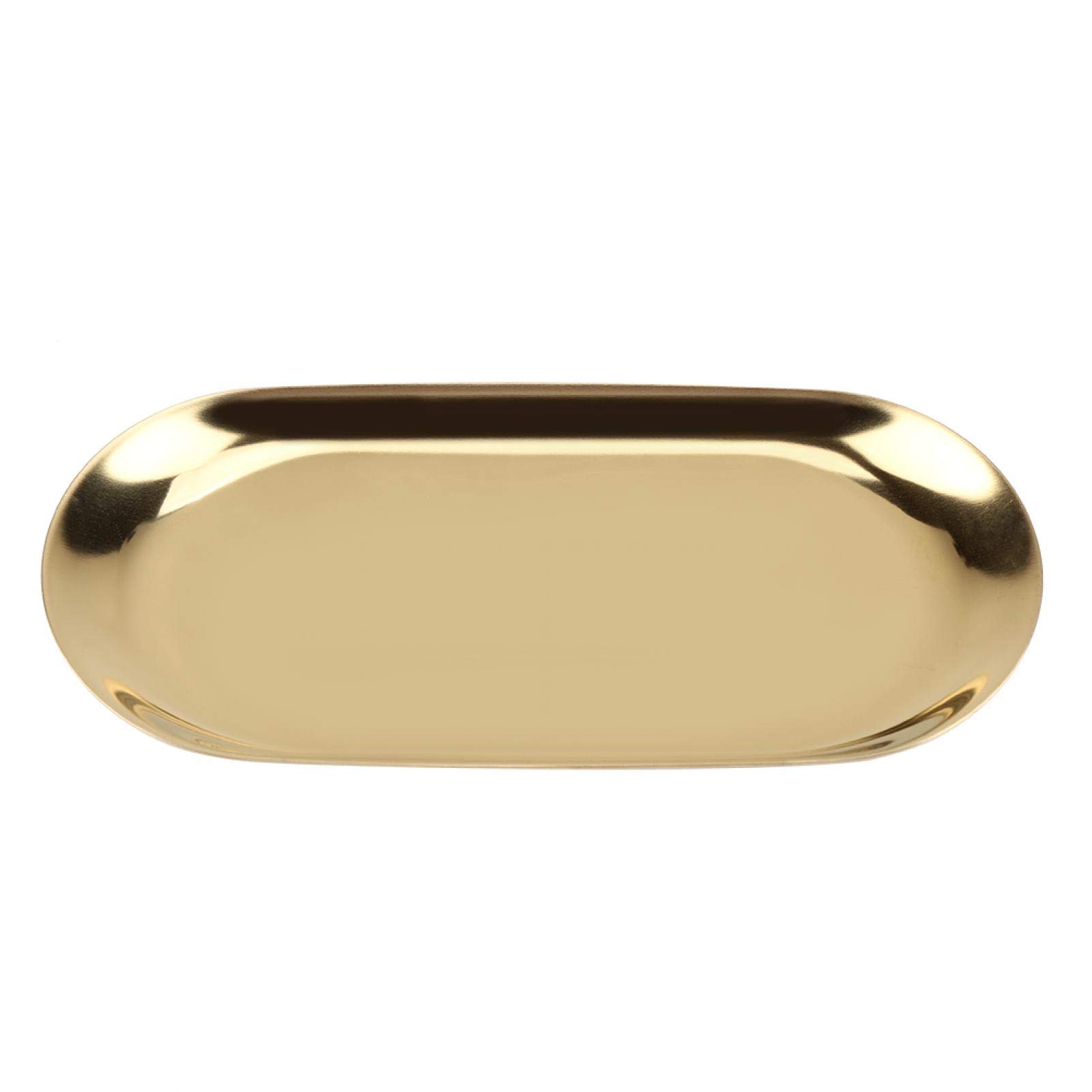 Bandeja decorativa de acero inoxidable para joyas, bandeja pequeña para cosméticos de 7 pulgadas, bandeja para baratijas con bandeja de almacenamiento ovalada dorada para cocina, baño(S-Oro)