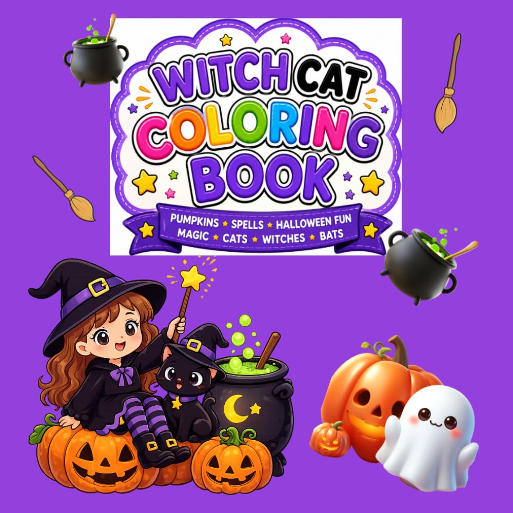 Cute Witch Cat Coloring Book: kawaii Halloween Coloring Pages with Witches, Black Cats, Pumpkins, Spells & Magic for kids 3+