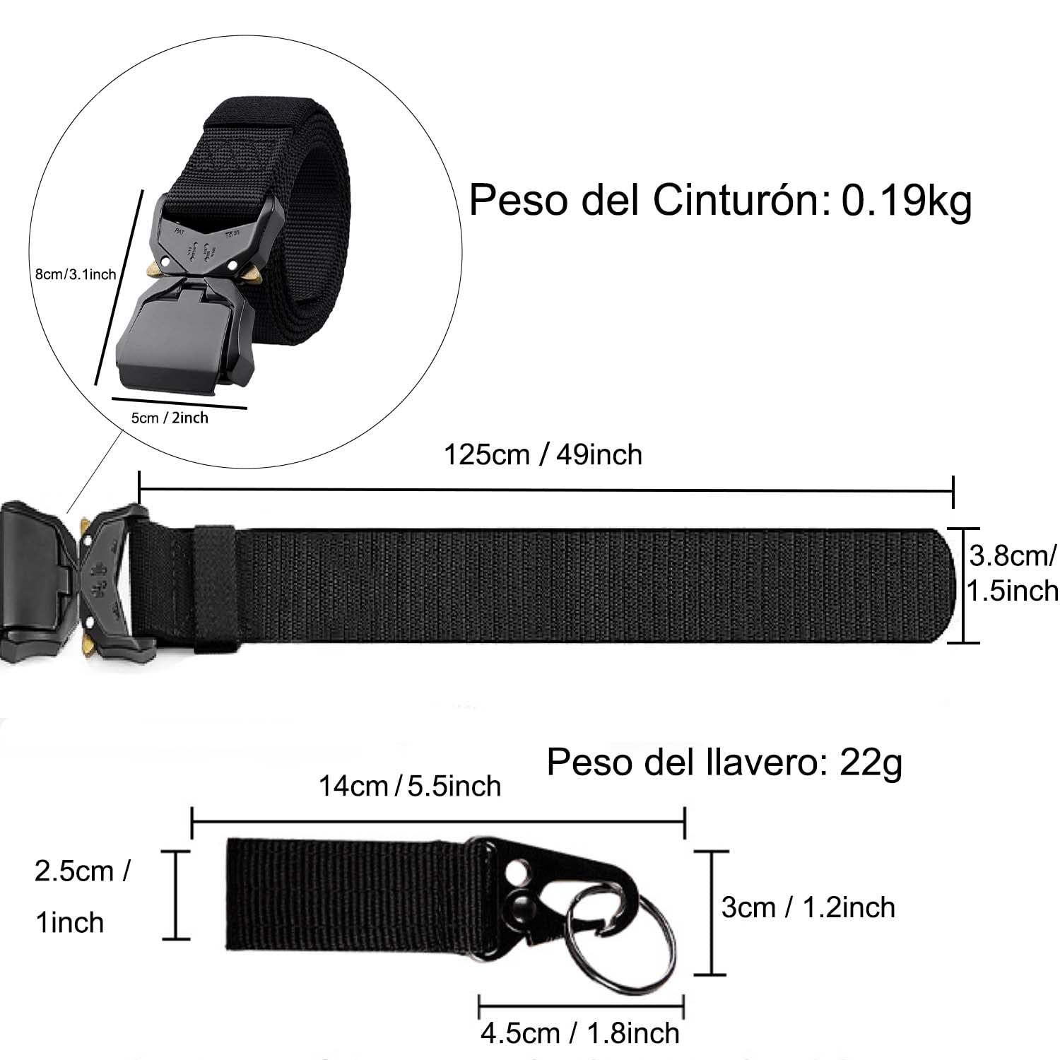 Cinturón Táctico para Hombres, Cinturón de Alto Rendimiento de 1.5 Pulgadas Cinturón Hebilla de Metal de Liberación Rápida, Cinturón de Senderismo con Gancho(Negro)