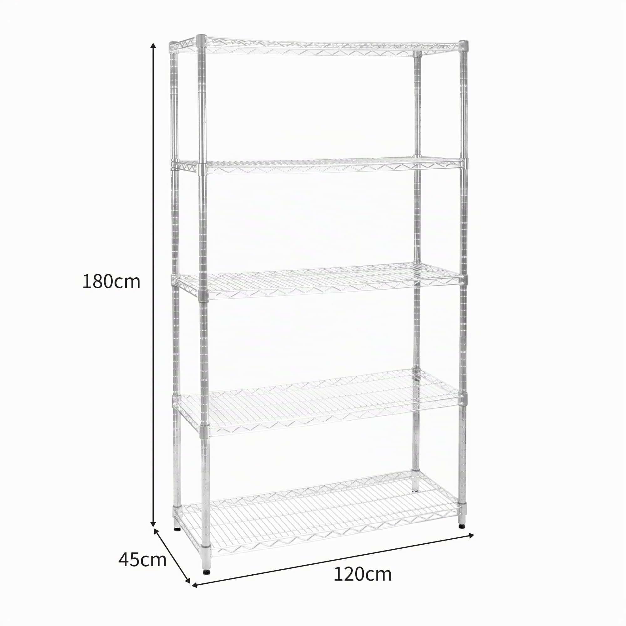 Estantería de Alambre 5 Niveles sin Tornillos Almacenaje Almacenamiento Metálico Acero Carbono Cromado Cocina Oficina Garaje 45x120x180cm con Estantes Ajustables Pies Niveladores Capacidad Peso 1000kg