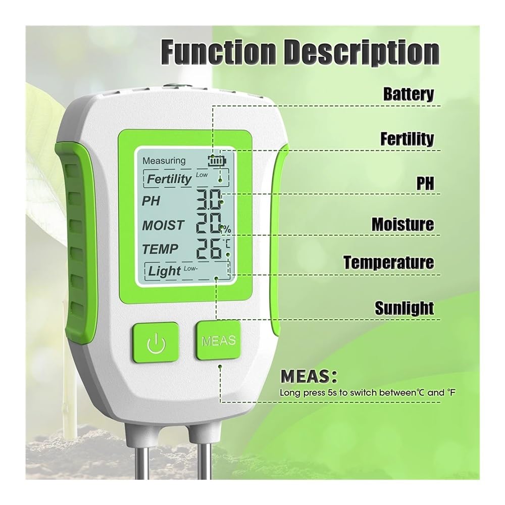 Tester del suolo 5 in 1, misuratore digitale di umidità, pH, fertilità, temperatura della luce solare(Black)
