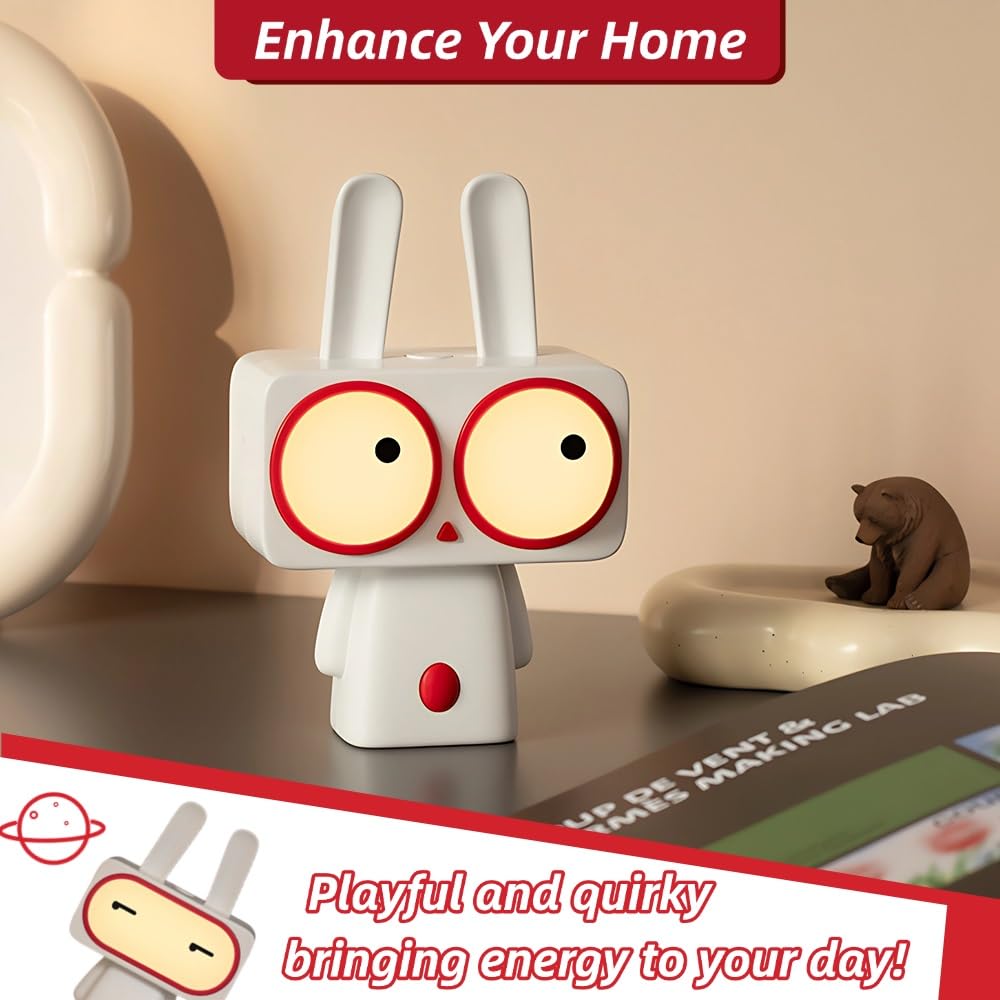 Veilleuse en forme de lapin mignon avec de grands yeux, éclairage doux, rechargeable 1200 mAh, arrêt minuté, parfaite pour chambre d'enfant ou bureau, pour vos proches