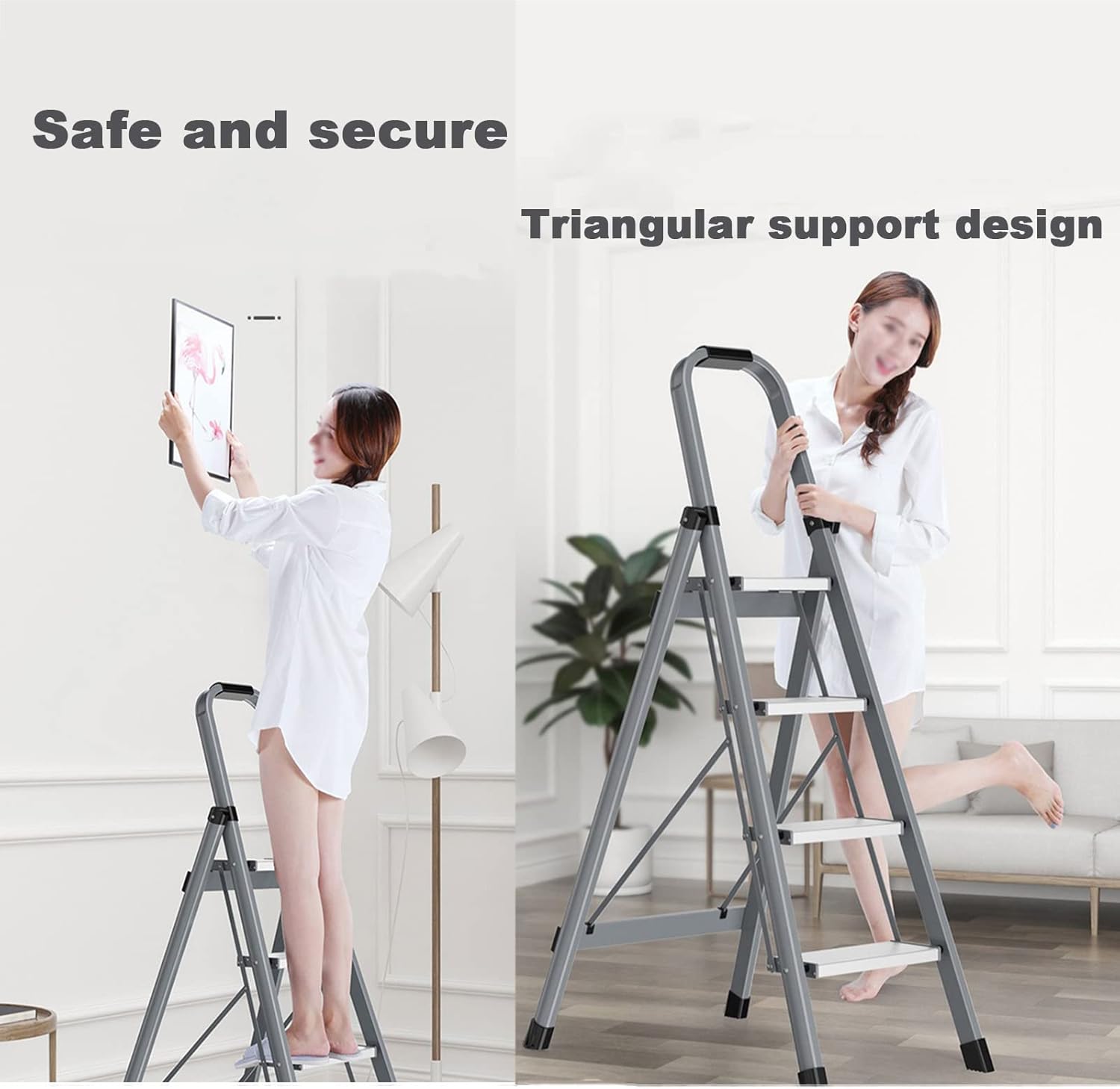 Three Step Folding Step Ladder with Horseshoe Non-Slip Feet Baked Lacquer Coating A Whole Steel Ladder Stool Easy to Open and Easy to Fold Silent Stable Suitable for Home Kitchen