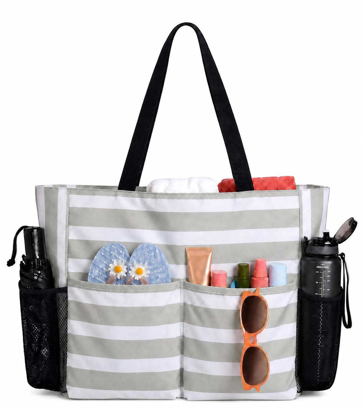 TAHAVICE Strandtasche Damen mit Reißverschluss, Große Strandtasche xxl Familie, Badetasche Damen Wasserdicht, 8 Tasche Beach Tote Bag für Reisen Pool
