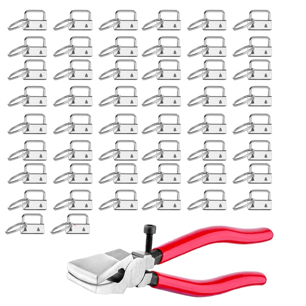 Crozgan Silver 50Pcs Key Fob Hardware Set,1Inch Key Fob Hardware With 1Pc Key Fob Pliers Flat Jaws For Keychain And Wristlet Clamp,Making Hardware Supplies