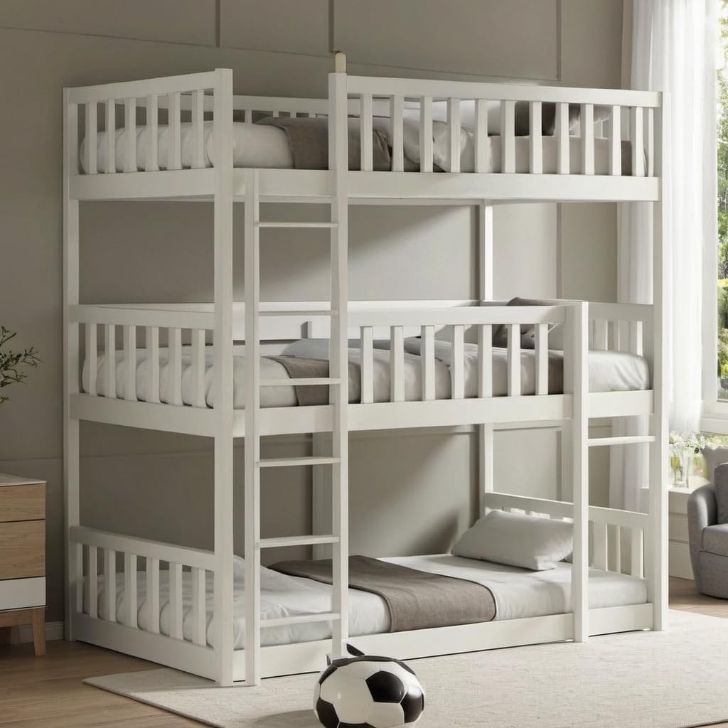 Twin Over Twin Over Twin Wood Bunkbeds with Ladder & Guardrails, Triple Bunk Bed w/Detachable Bunk Bed for Dorm, Bedroom,Guest Room,No Box Spring Needed,Easy Assembly, White White Twin