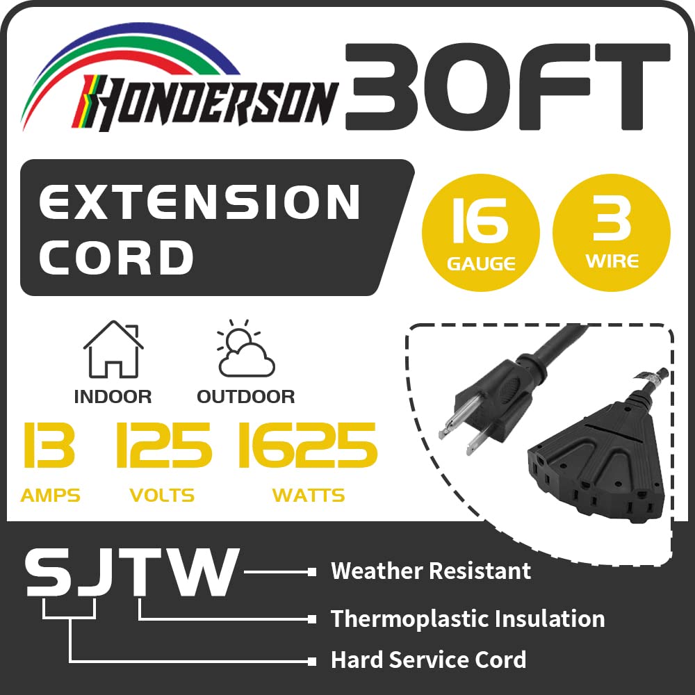 30FT Outdoor Extension Cord with 3 Electrical Power Outlets - 16/3 SJTW Durable Black Cable with 3 Prong Grounded Plug for Safety,Great for Outdoor Christmas Decorations