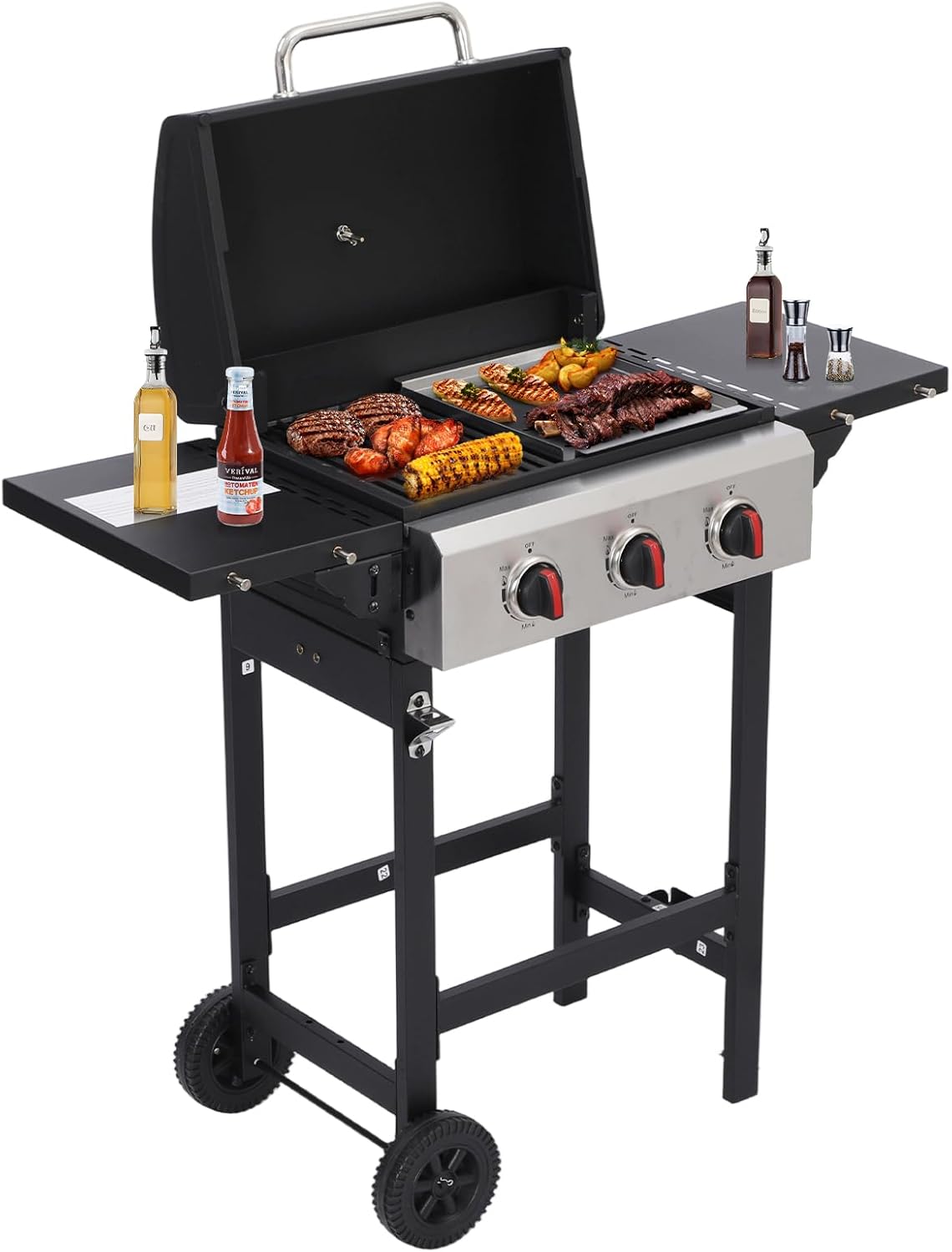 CIG GARDEN 3-Burner Propane Grill, 31,500 BTU Outdoor BBQ with Cast Iron Grates & Side Burner for Backyard, Patio, Tailgating & Camping