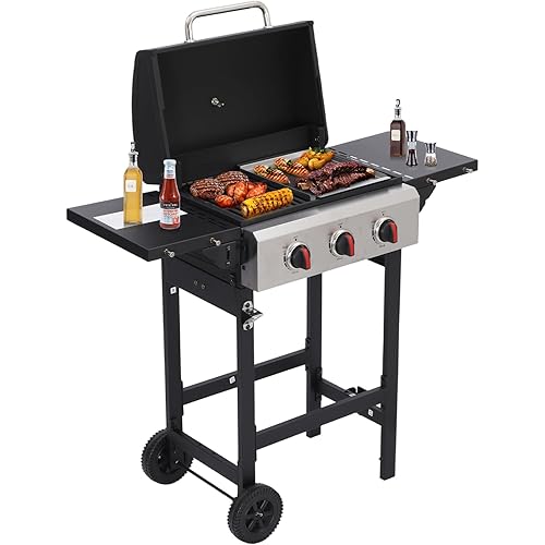CIG GARDEN 3 Burner Propane Gas Grill, 31,500 BTU Output Outdoor BBQ Grill with Cast Iron Grates and Versatile Grill Pan, Perfect for Outdoor Cooking, Balcony, Backyard, Camping, Barbecue