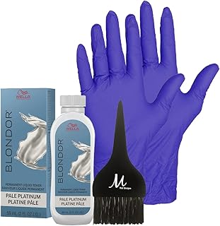 Wella Blondor Toner /18 Pale Platinum Permanent Liquid Toner 2 oz, Pair of Latex Free Gloves and M Hair Designs Tint Brush...