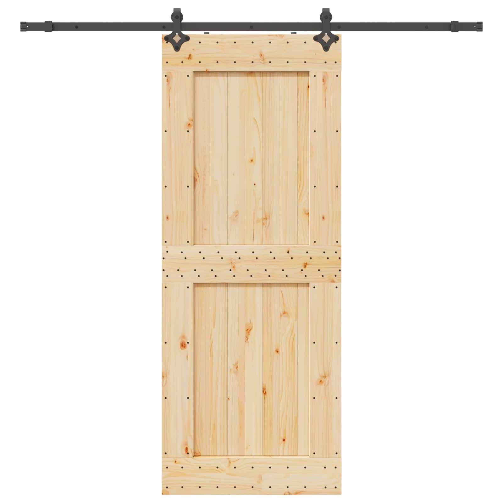 Puerta corredera NARVIK de madera de pino maciza de 90 x 210 cm, sistema de puerta corredera con riel de acero pulverizado para uso en interiores