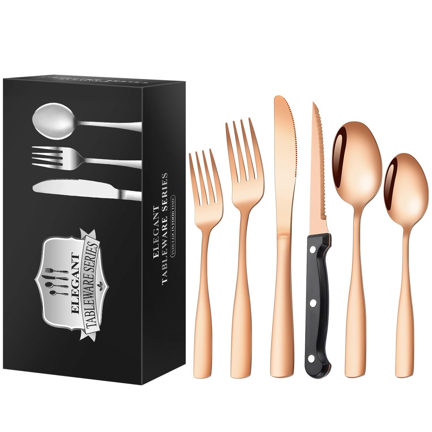OLSKFUH Cutlery Flatware Cutlery Set, 60-Piece Stainless Steel Square Handle Knife, Fork And Spoon Set Steak Knife, Fork And Spoon For 10 People,Rose Gold