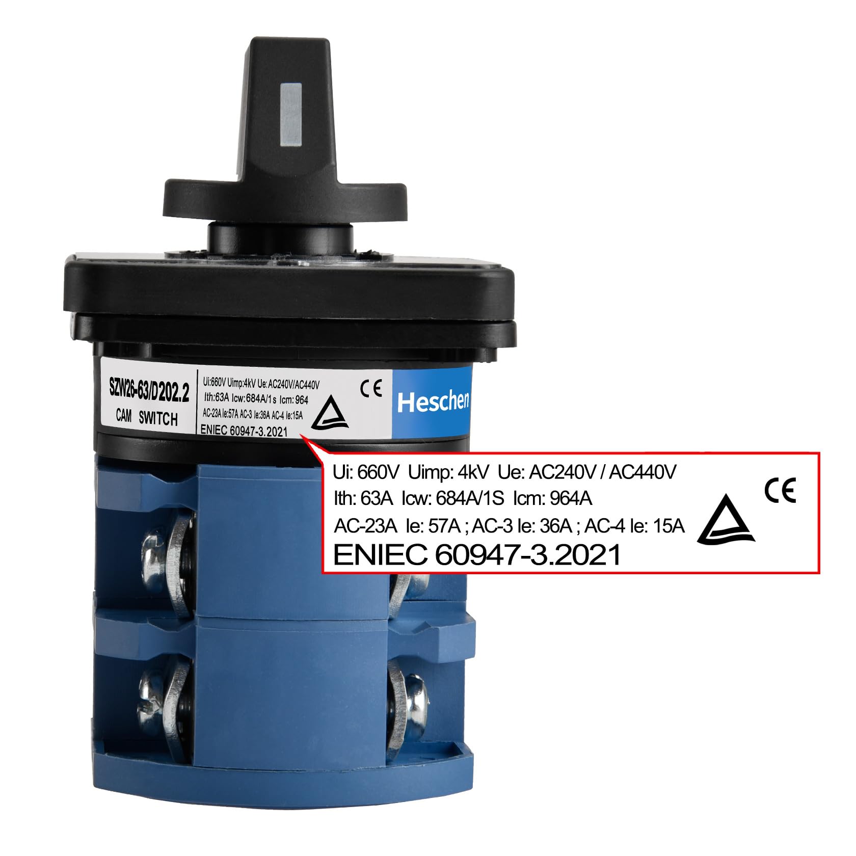 Heschen Sélecteur de came rotatif universel SZW26-63/D202.2, 660 V 63 A, ON-OFF-ON 3 positions, 2 phases, 8 bornes, CE