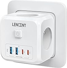LENCENT 7 in 1 Multi-Socket USB Wall Power Strip with 3 x 4000W AC Outputs, 2 Type C and 2 USB Ports, with Switch, Ideal for Living Room, Office, Bedroom