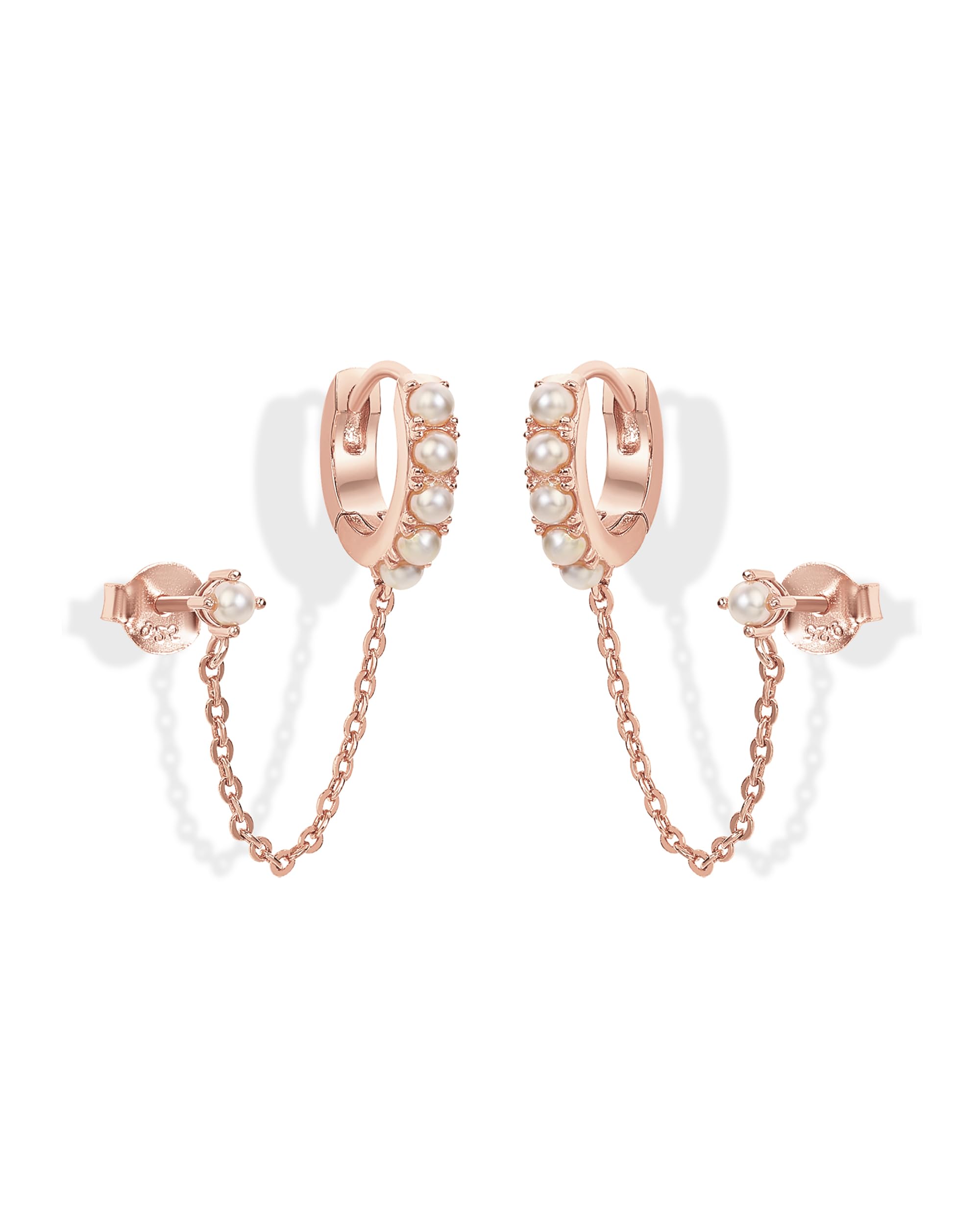 PAVOI 14K Gold Chain Earrings for Women | Double Piercing Dangle Chain Huggie Hoop Earrings | Cubic Zirconia Pearl Stud Ear Cuff Earrings for Women