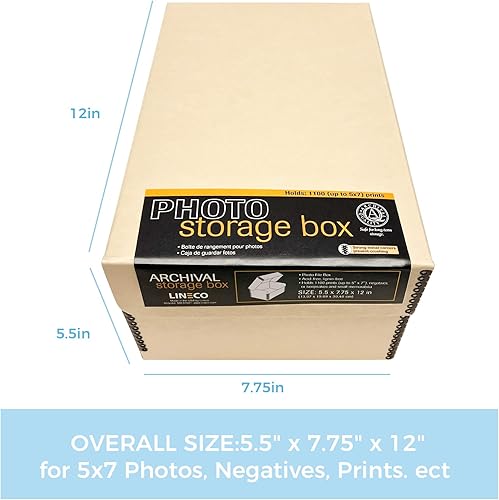 Miniatura 2 de Lineco, Caja de fotos con tapa con bisagras color tostado de 5.5 x 7.75 x 12 pulgadas, libre de ácidos. Capacidad para hasta 1100 fotos de 4 x 6 o 5