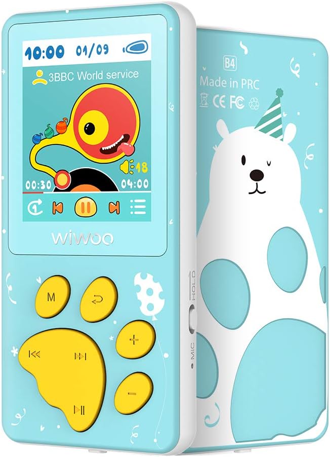 Wiwoo Kids MP3 Player Cartoon Bear Paw Design Music Player with Puzzle Games FM Radio Lossless Voice Recorder Video Player, Expandable Up to 128GB