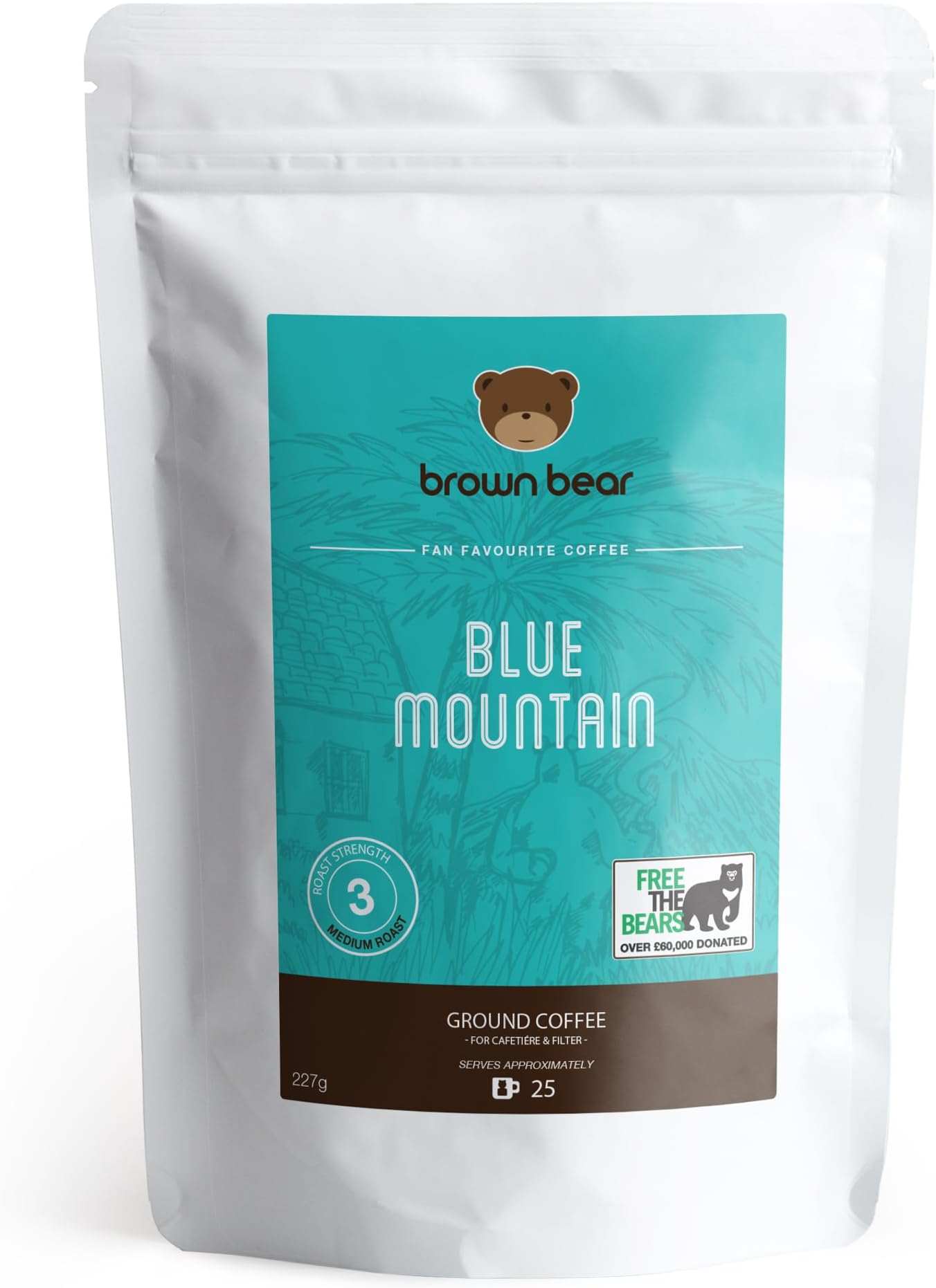 Blue Mountain Medium Roast Ground Coffee 227g - Ideal for French Press Cafetiere Filter Drip V60 Aeropress - Brown Bear - Strength 3 - Donation to Free The Bears - 100% Arabica