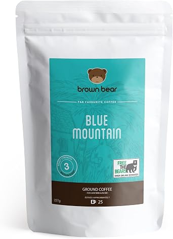 Blue Mountain Medium Roast Ground Coffee 227g - Ideal for French Press Cafetiere Filter Drip V60 Aeropress - Brown Bear - Strength 3 - Donation to Free The Bears - 100% Arabica