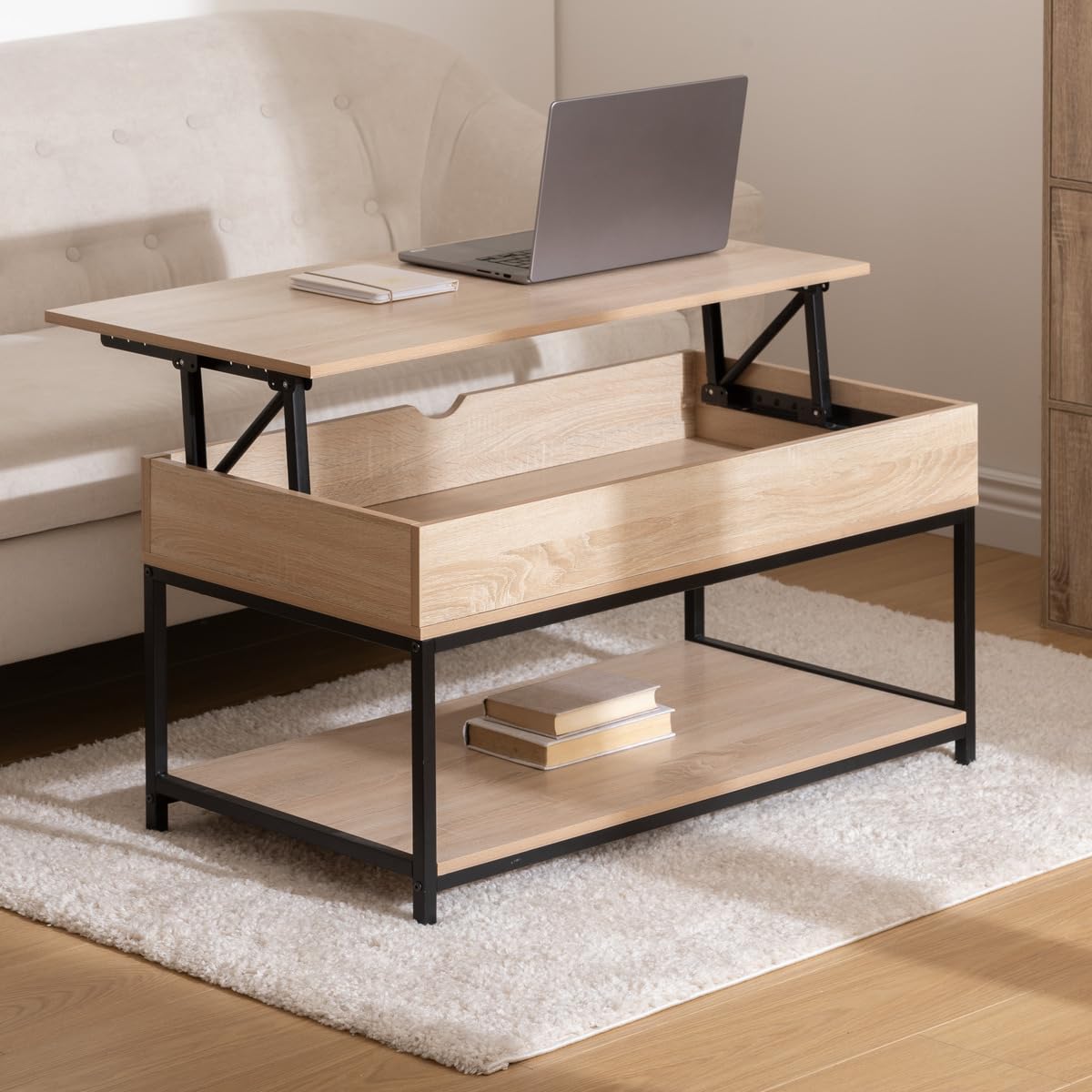 5five Aliaj Couchtisch mit Hubfunktion 95x50x51 cm Eichenoptik schwarzes Metall Schublade Stauraum