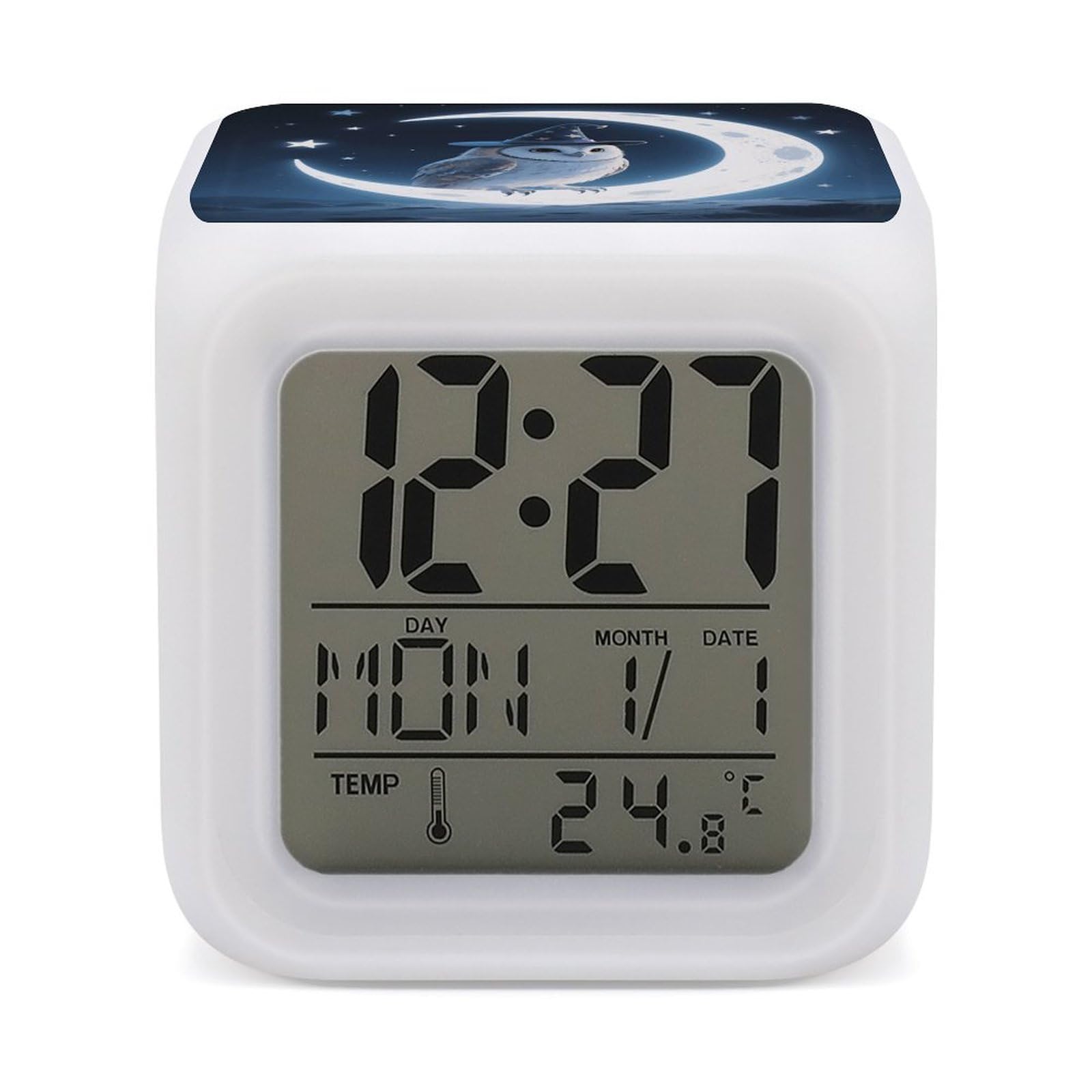 VstaDank Magic Hat Owl Alarm Clock with Date Temperature Large LED Display Number Clocks with 7 Colors Changing Desk Clock Battery Operated Digital Clocks with Date for Heavy Sleepers