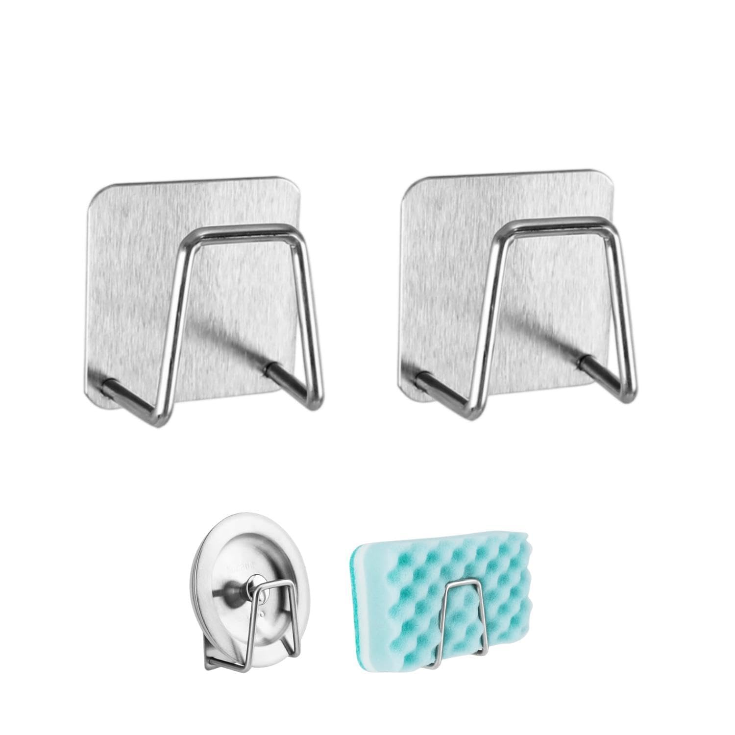 KHAMKARI Adhesive Sponge Holder for Kitchen Sink, Stainless Steel Scrubber Hanger Caddy Accessories Storage Rack Stand for Scratch Scrub Dishcloth Dishrag Wool Exfoliate Strainer Stopped
